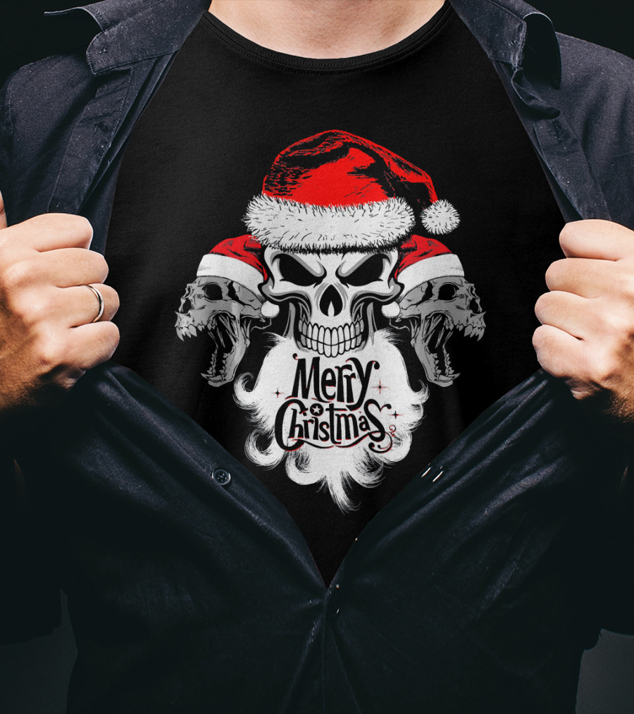 Merry Christmas Funny Skull Santa With Santa Hat And Beards T-Shirt