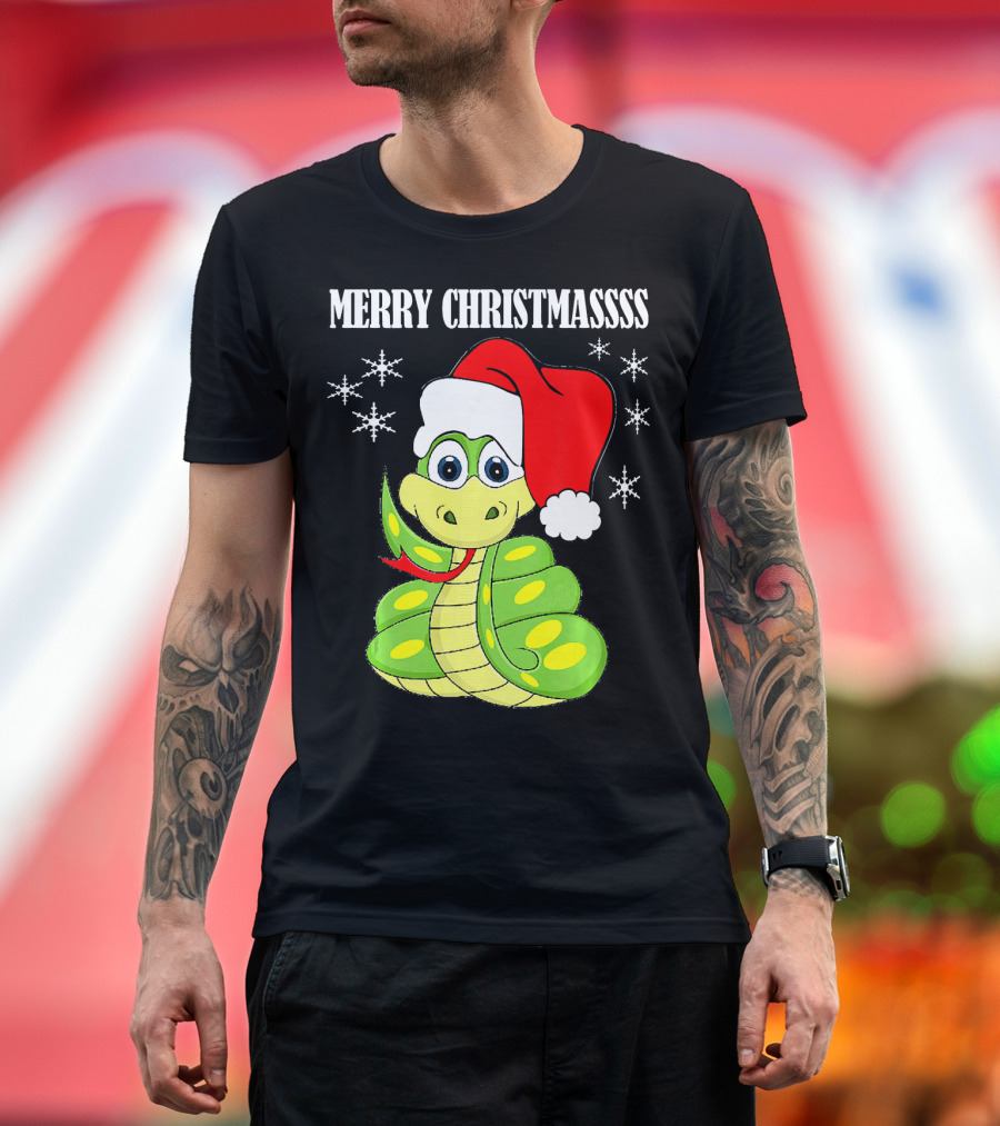 Merry Christmassss Snake Cute Snak Santa Hat Snowflakes T-Shirt