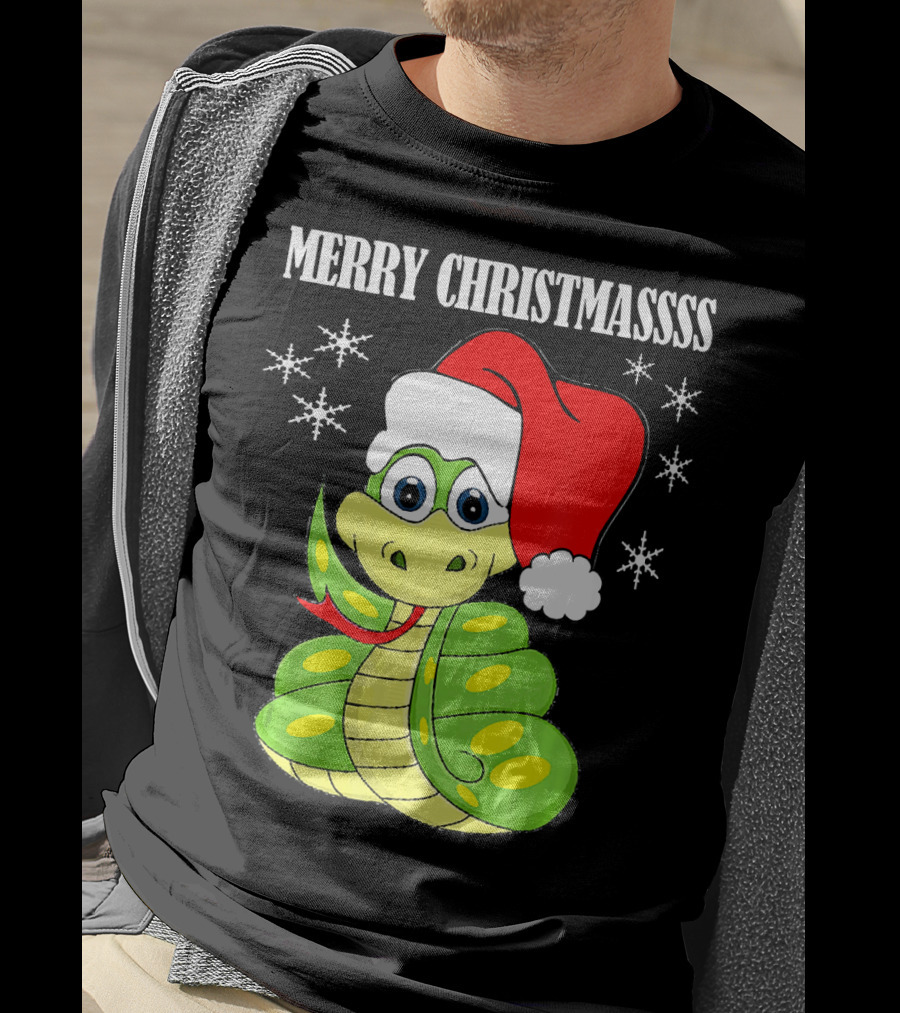 Merry Christmassss Snake Cute Snak Santa Hat Snowflakes T-Shirt