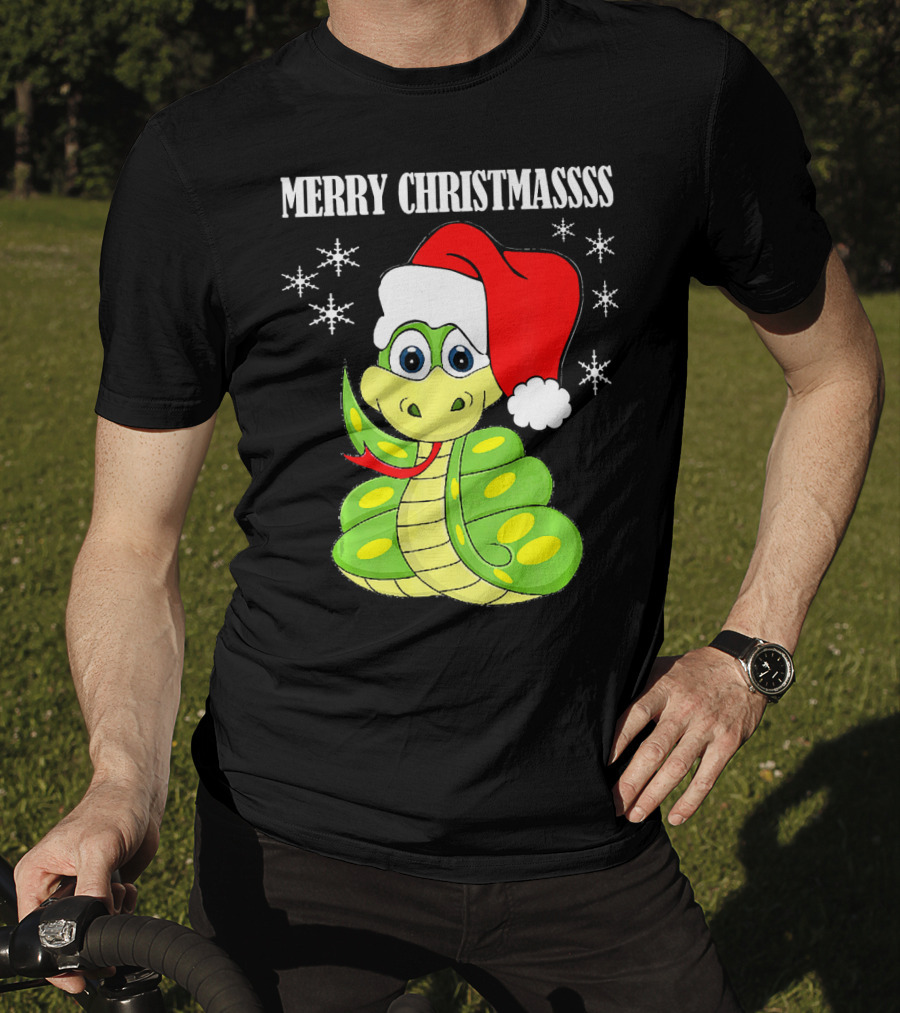 Merry Christmassss Snake Cute Snak Santa Hat Snowflakes T-Shirt