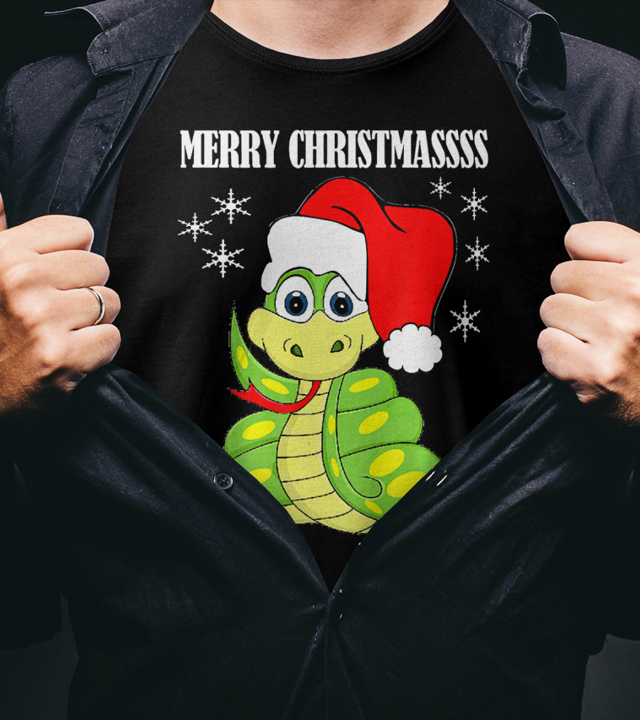 Merry Christmassss Snake Cute Snak Santa Hat Snowflakes T-Shirt