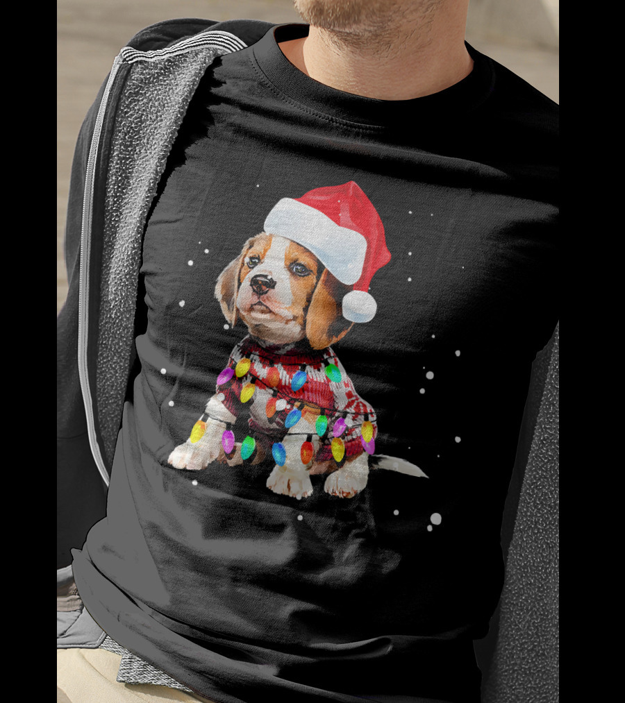 Santa Hat Beagle Wrapped In Christmas Lights T-Shirt
