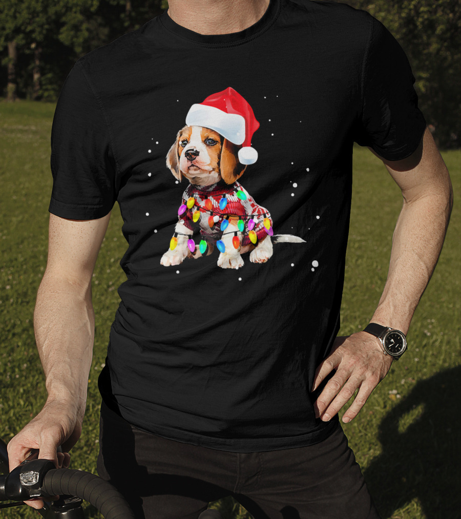 Santa Hat Beagle Wrapped In Christmas Lights T-Shirt