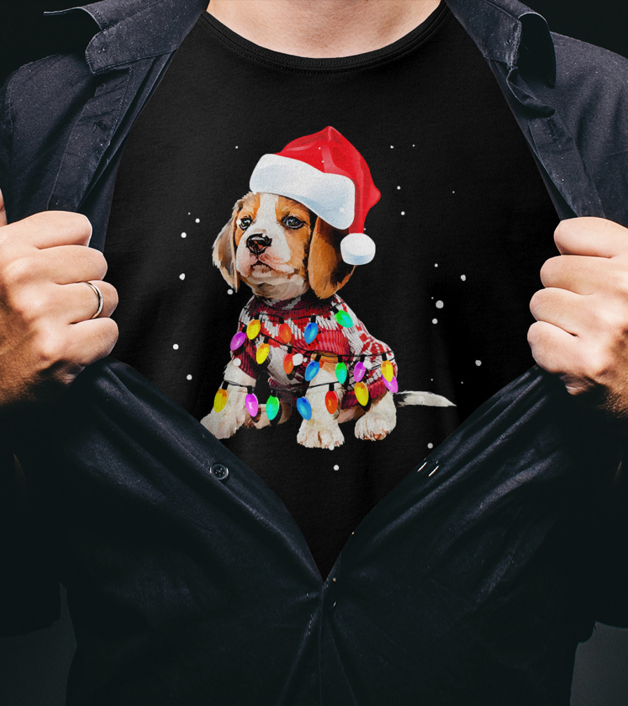Santa Hat Beagle Wrapped In Christmas Lights T-Shirt