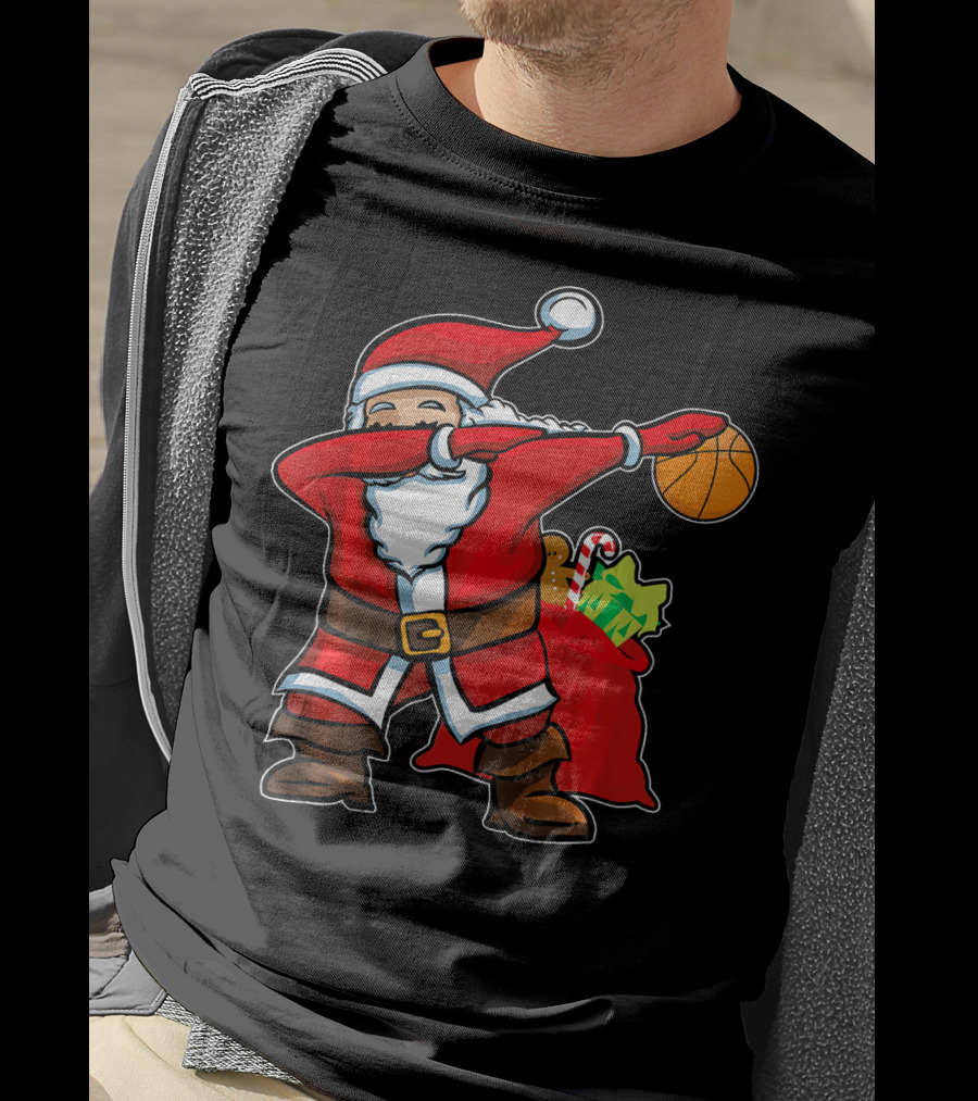 Christmas Dabbing Santa Holding Basketball With Gifts T-Shirt