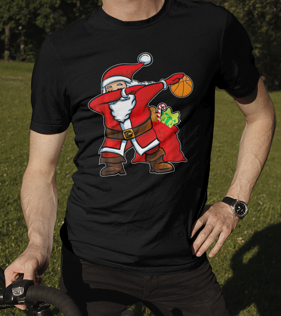 Christmas Dabbing Santa Holding Basketball With Gifts T-Shirt