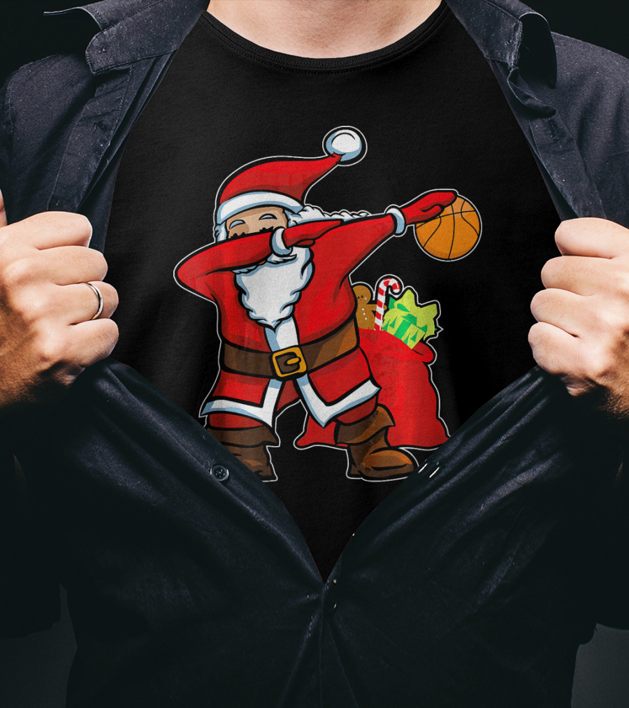 Christmas Dabbing Santa Holding Basketball With Gifts T-Shirt