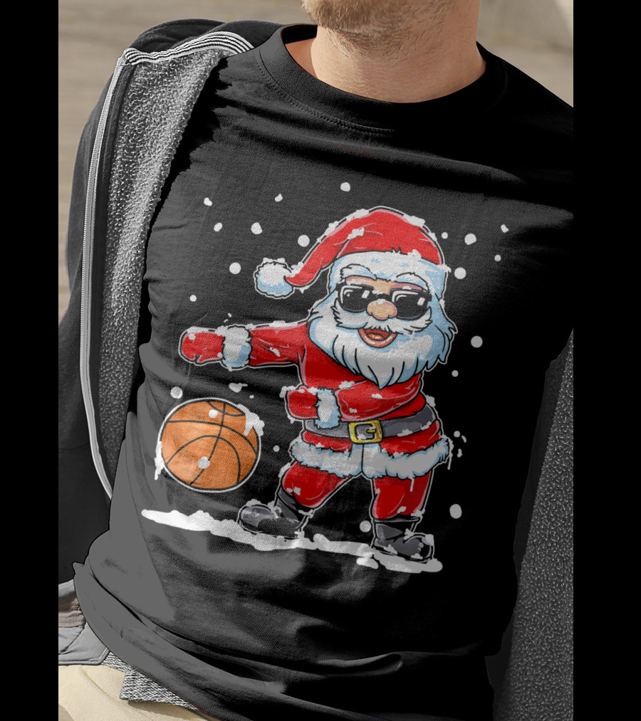Santa Flossing With Basketball In Snowy Christmas Scene T-Shirt