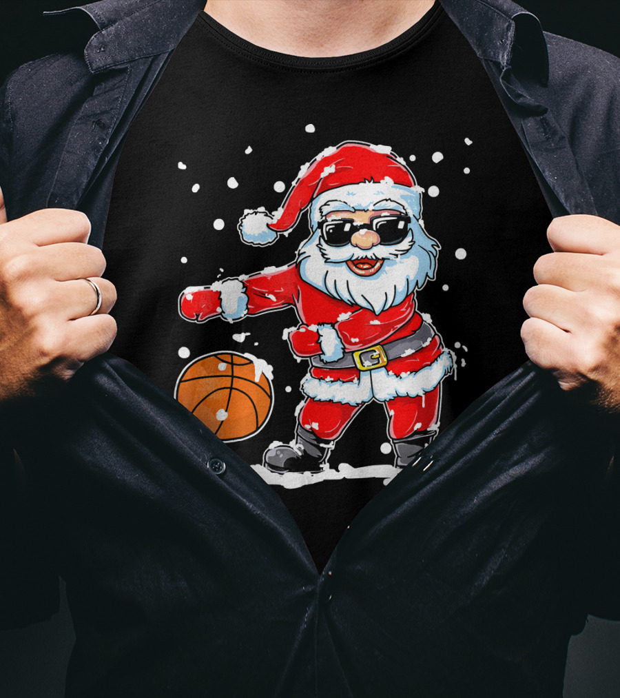 Santa Flossing With Basketball In Snowy Christmas Scene T-Shirt