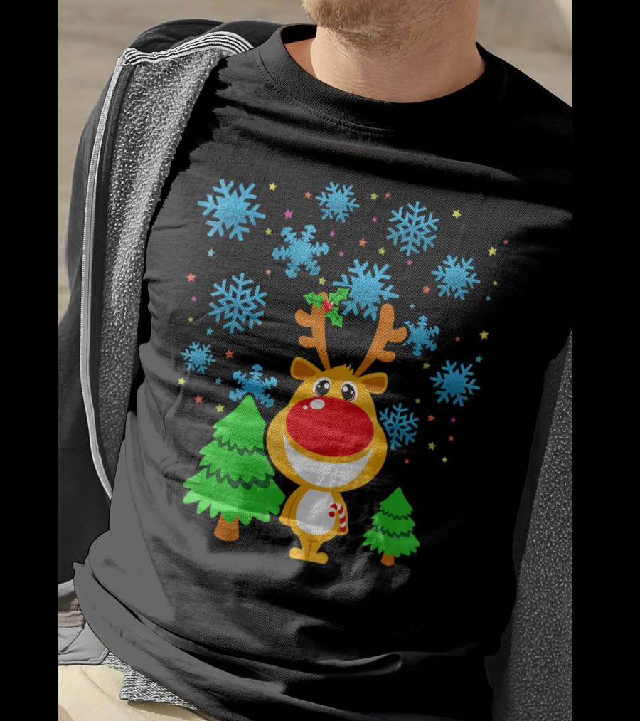 Christmas Reindeer With Snowflakes And Trees Family Matching T-Shirt