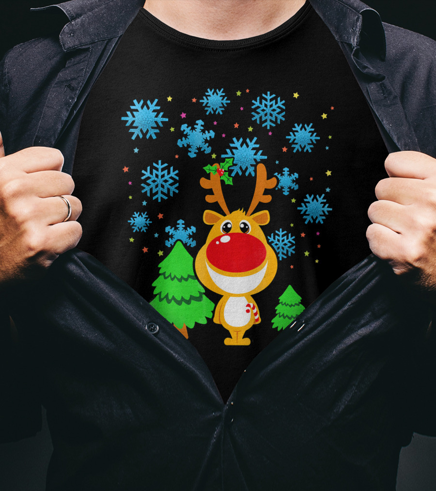 Christmas Reindeer With Snowflakes And Trees Family Matching T-Shirt