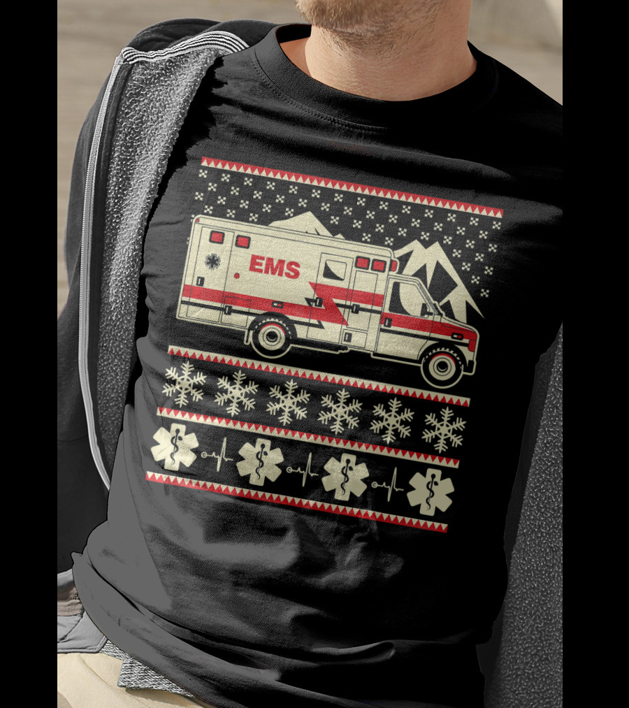 EMS Christmas Ambulance Ugly Sweater Snowflake T-Shirt