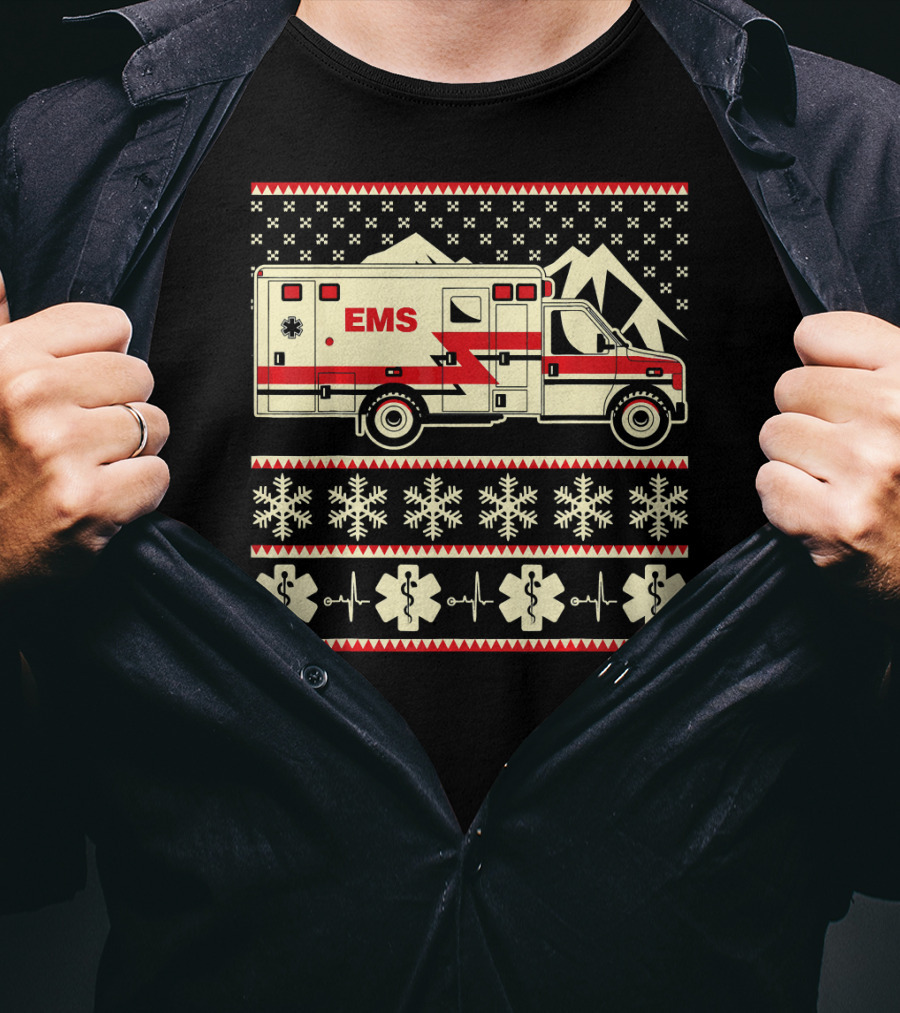 EMS Christmas Ambulance Ugly Sweater Snowflake T-Shirt
