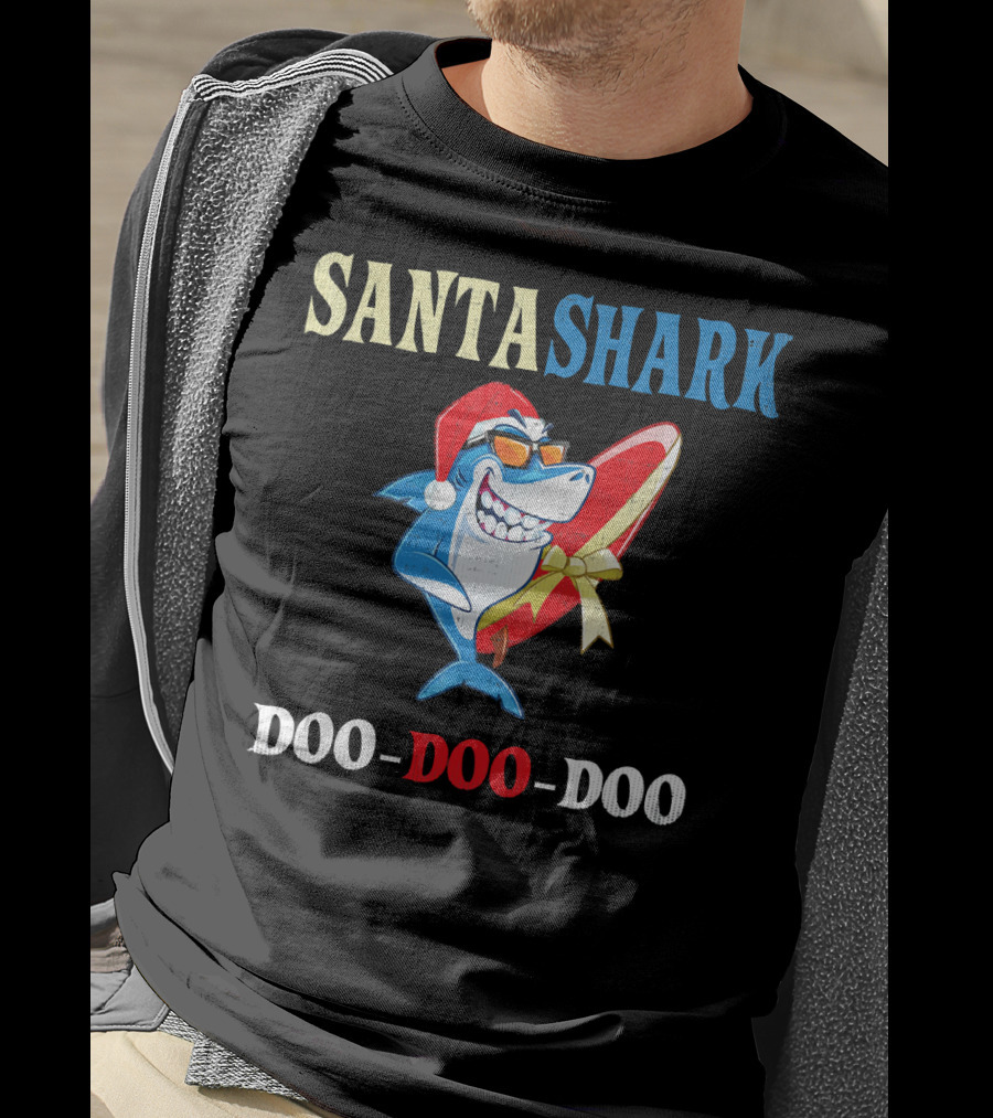 Santa Shark Doo-Doo-Doo Surfboard Christmas T-Shirt