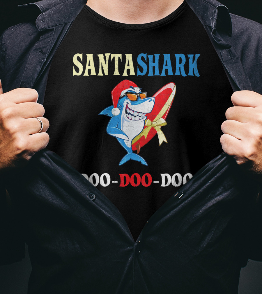 Santa Shark Doo-Doo-Doo Surfboard Christmas T-Shirt