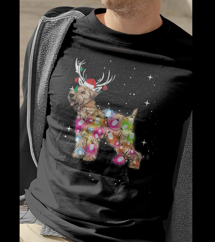 Christmas Lights Soft Coated Wheaten Terrier Santa Hat Antlers Snowflakes T-Shirt