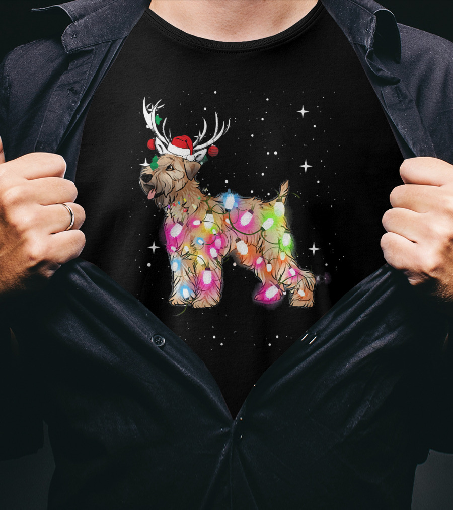 Christmas Lights Soft Coated Wheaten Terrier Santa Hat Antlers Snowflakes T-Shirt