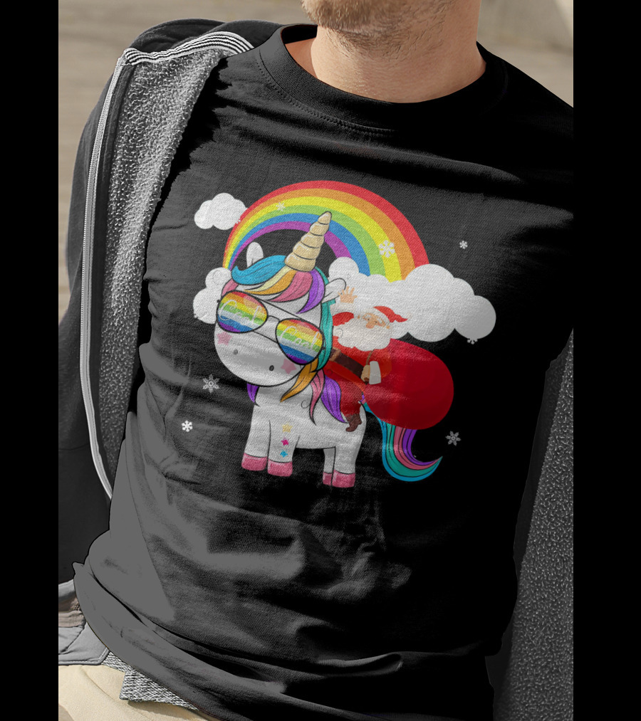 Cool Santa Riding Unicorn Rainbow Christmas Cos T-Shirt