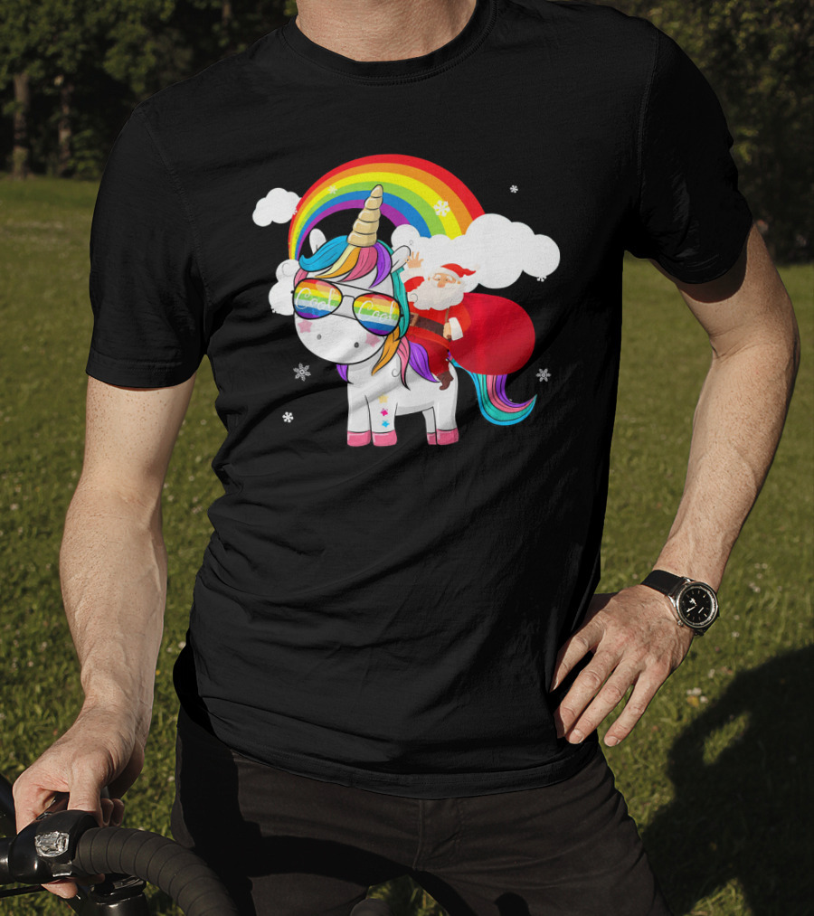 Cool Santa Riding Unicorn Rainbow Christmas Cos T-Shirt
