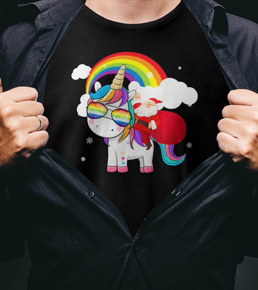 Cool Santa Riding Unicorn Rainbow Christmas Cos T-Shirt