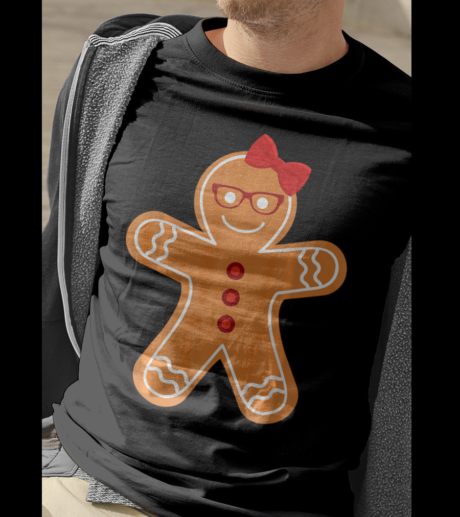 Gingerbread Girl Cookie With Glasses And Red Bow Christmas T-Shirt