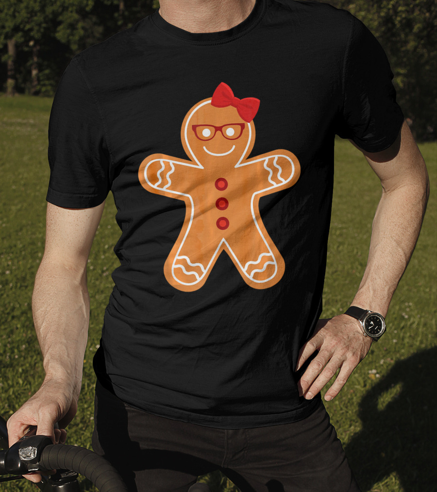Gingerbread Girl Cookie With Glasses And Red Bow Christmas T-Shirt