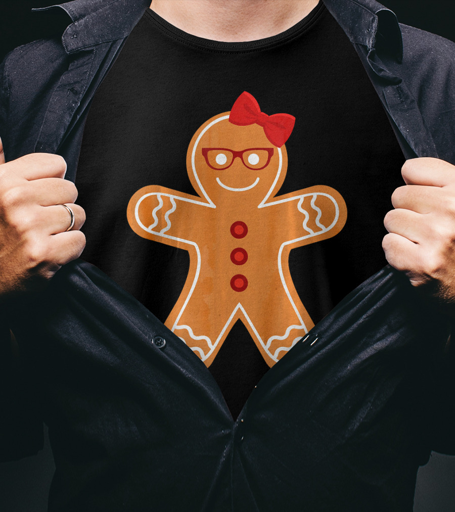 Gingerbread Girl Cookie With Glasses And Red Bow Christmas T-Shirt