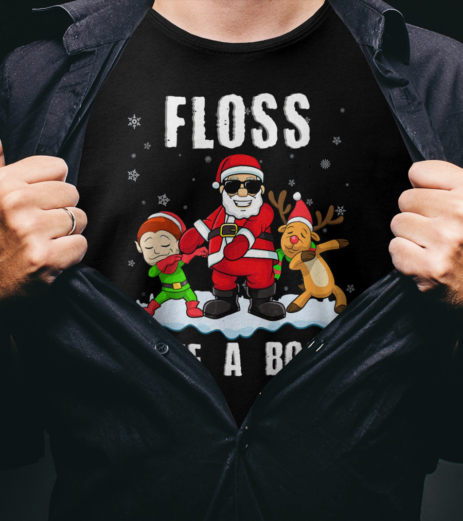 Floss Like A Boss Santa With Elf And Reindeer Dance Funny Christmas T-Shirt