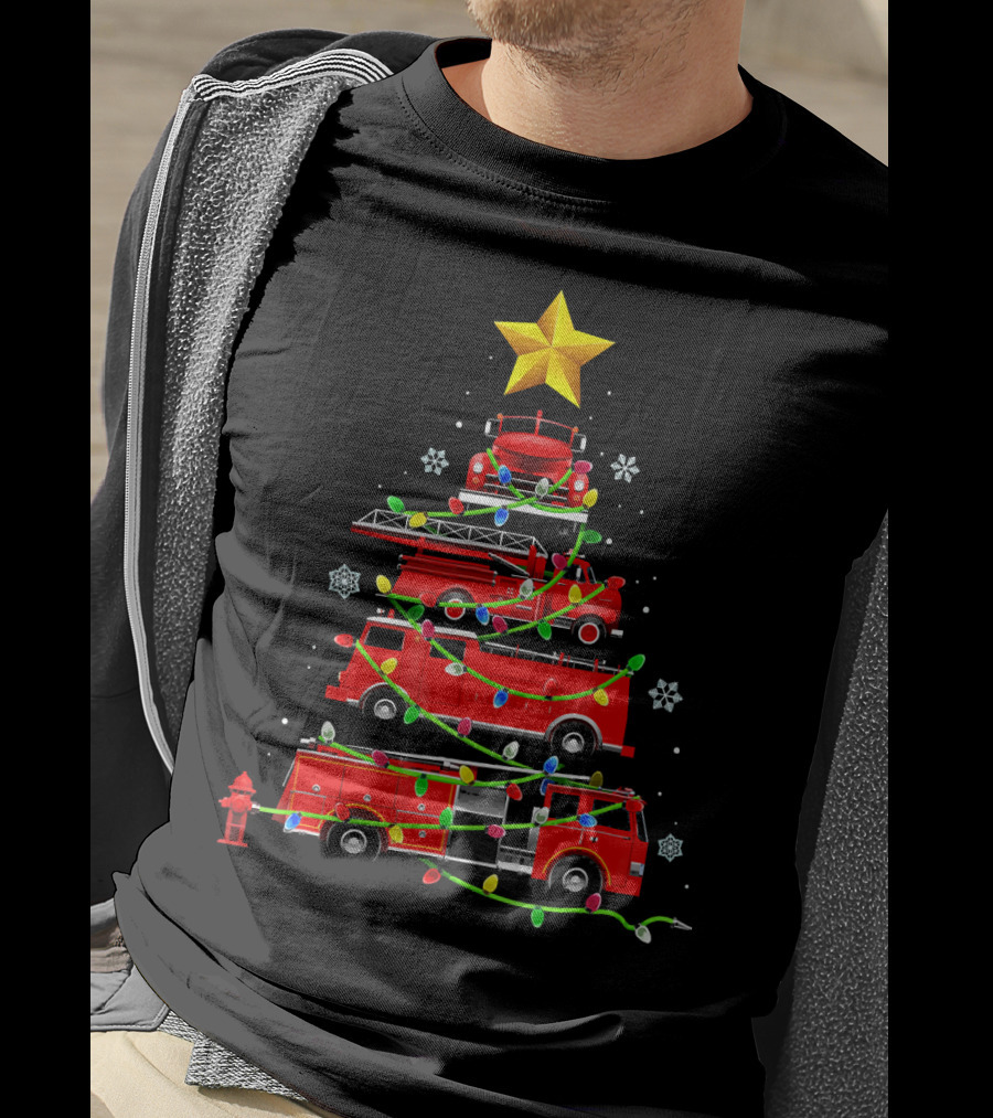 Firefighter Truck Holiday Lights Christmas Tree T-Shirt