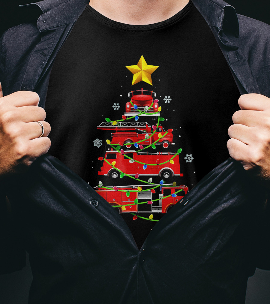 Firefighter Truck Holiday Lights Christmas Tree T-Shirt