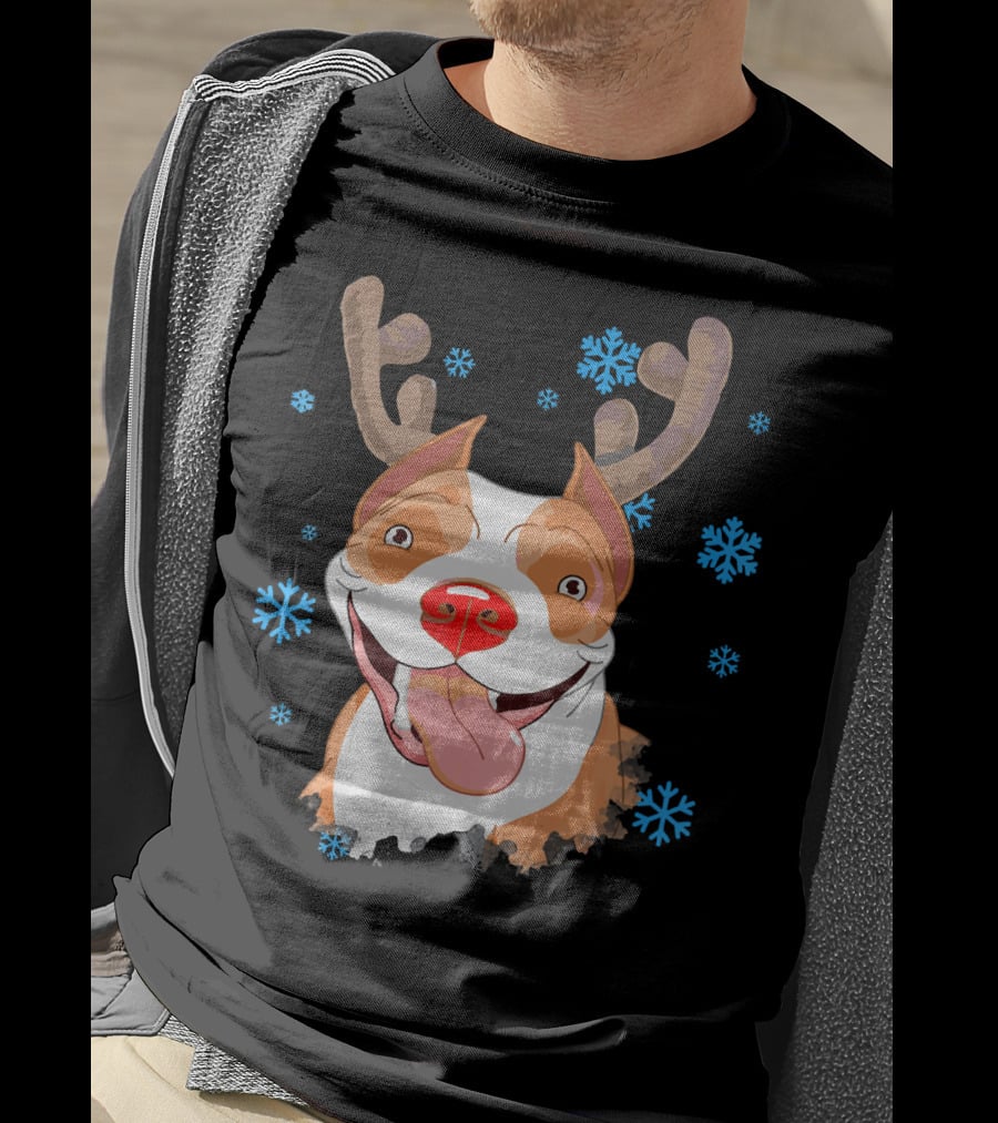 Funny Cutie Pit Bull Reindeer Antlers Snowflakes T-Shirt