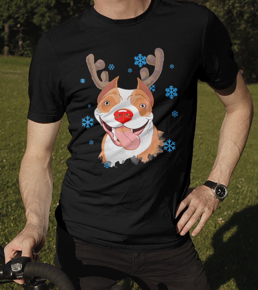 Funny Cutie Pit Bull Reindeer Antlers Snowflakes T-Shirt