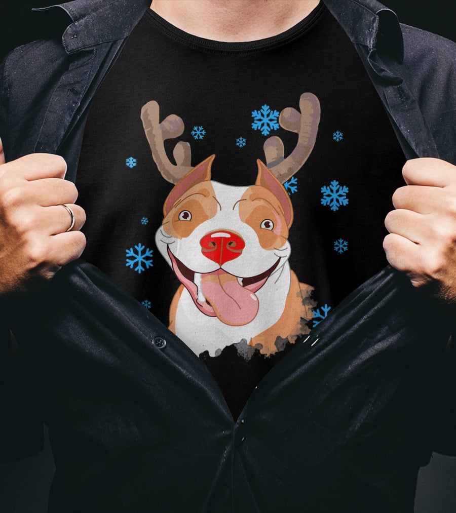 Funny Cutie Pit Bull Reindeer Antlers Snowflakes T-Shirt