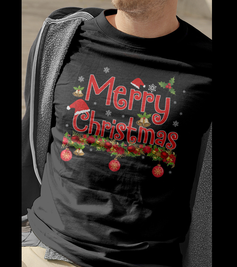 Merry Christmas Snowflakes Holly Santa Hat Bells Ornaments Garland T-Shirt