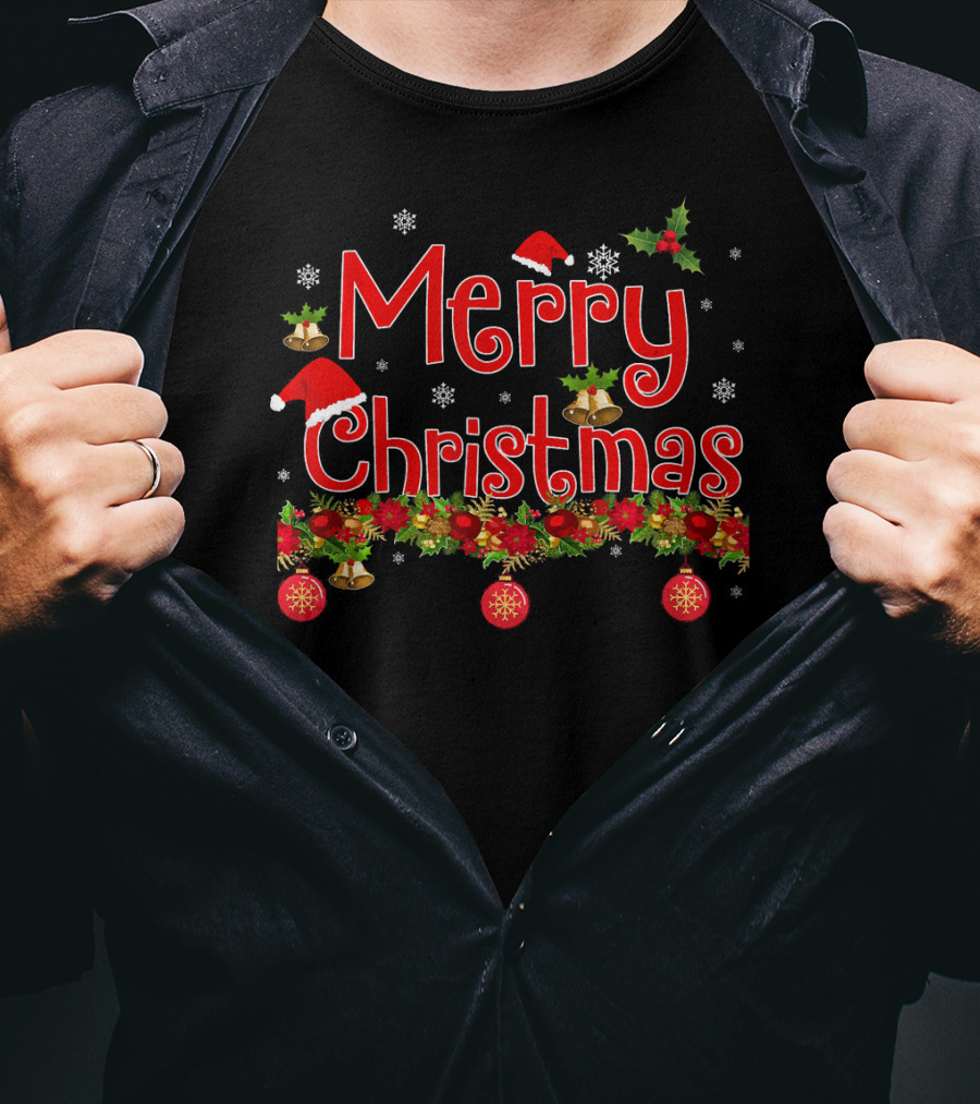 Merry Christmas Snowflakes Holly Santa Hat Bells Ornaments Garland T-Shirt