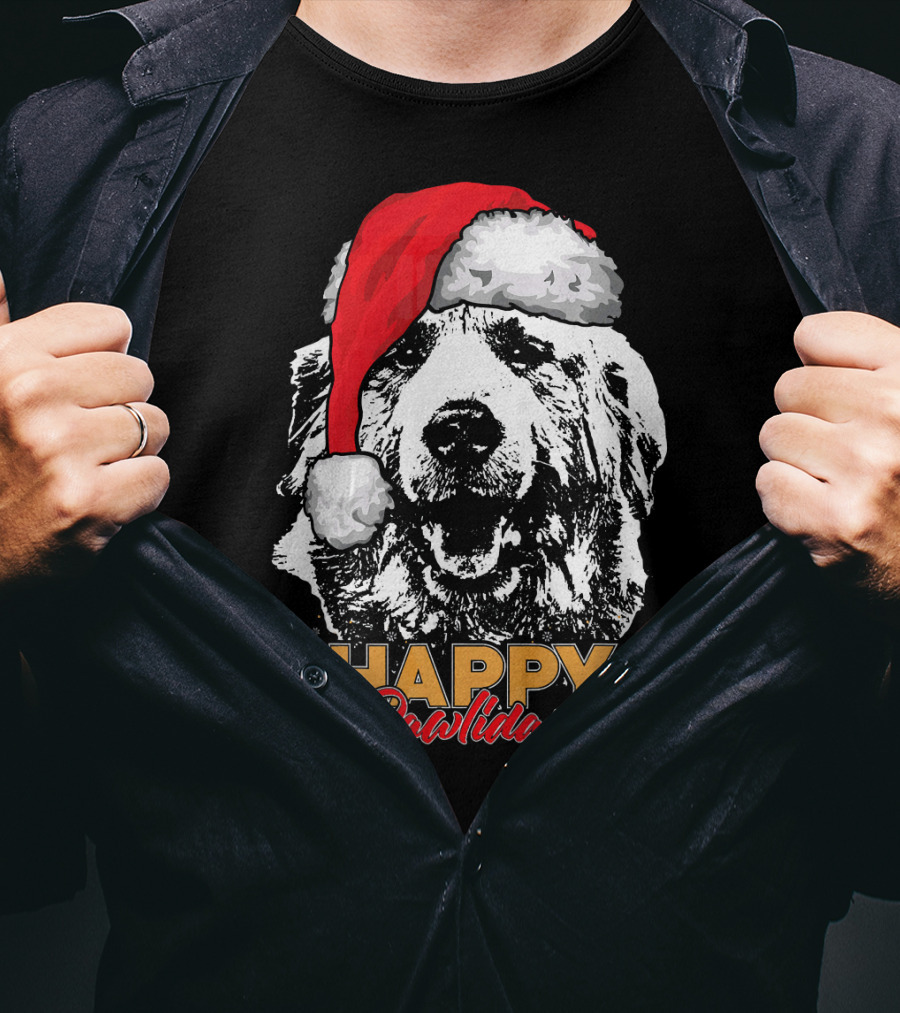 Happy Pawlidays Funny Christmas Great Pyrenees Santa Hat T-Shirt