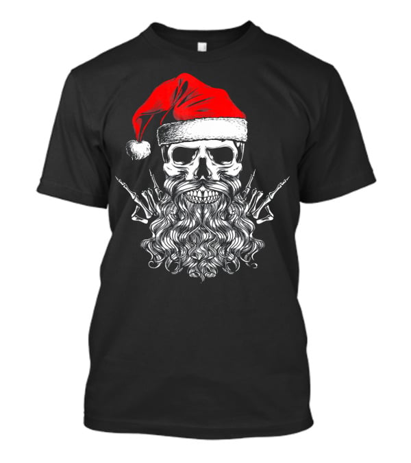 Hail Santa Heavy Metal Skull Red Santa Hat Skeleton Beard T-Shirt