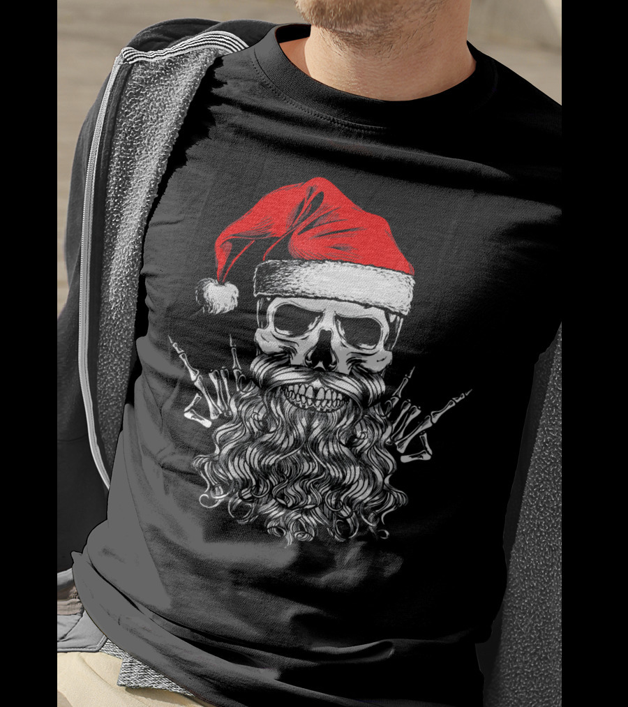 Hail Santa Heavy Metal Skull Red Santa Hat Skeleton Beard T-Shirt