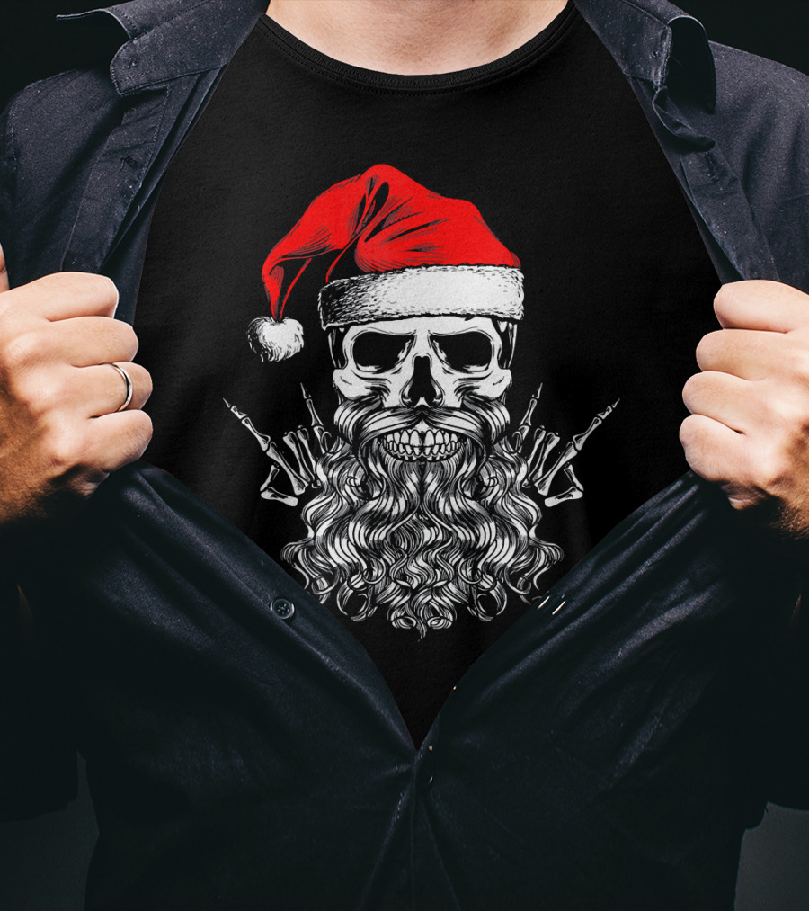 Hail Santa Heavy Metal Skull Red Santa Hat Skeleton Beard T-Shirt