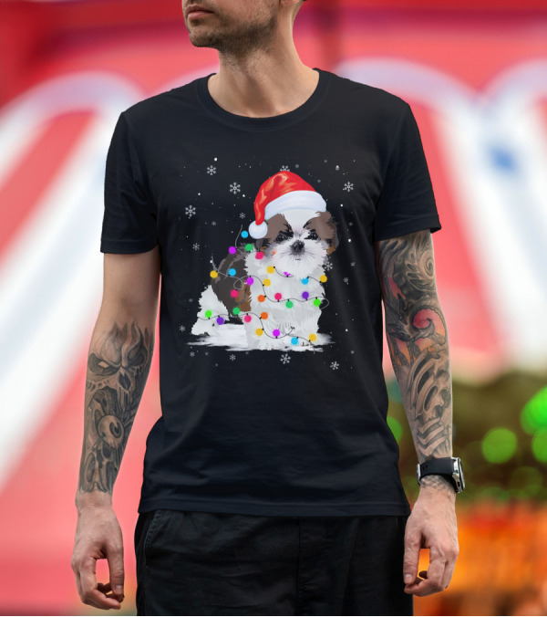 Premium T-Shirt: Shih Tzu Santa Hat Christmas Lights Snowflakes T-Shirt Shih Tzu Santa Hat Christmas Lights Snowflakes T-Shirt