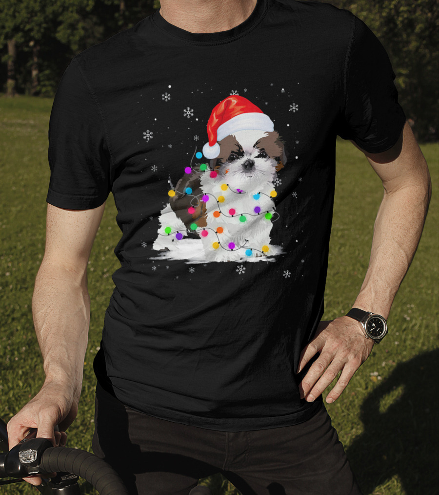 Shih Tzu Santa Hat Christmas Lights Snowflakes T-Shirt