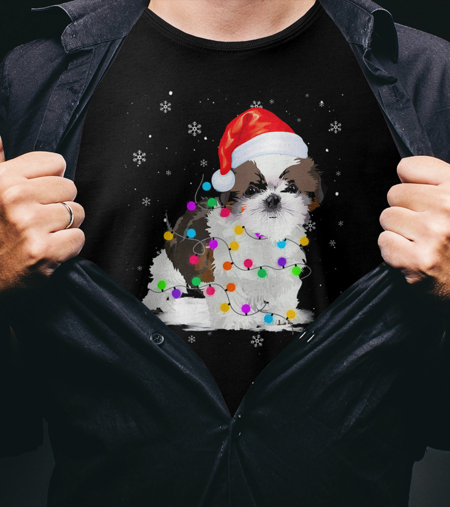 Shih Tzu Santa Hat Christmas Lights Snowflakes T-Shirt