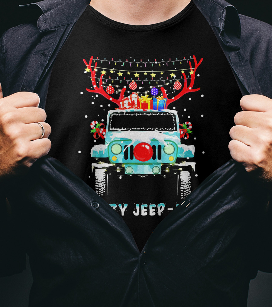 MERRY JEEP-MAS Reindeer Antlers Christmas Lights Jeep T-Shirt