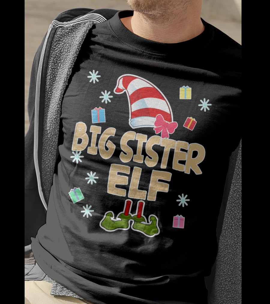 Big Sister Elf With Striped Hat And Gifts T-Shirt