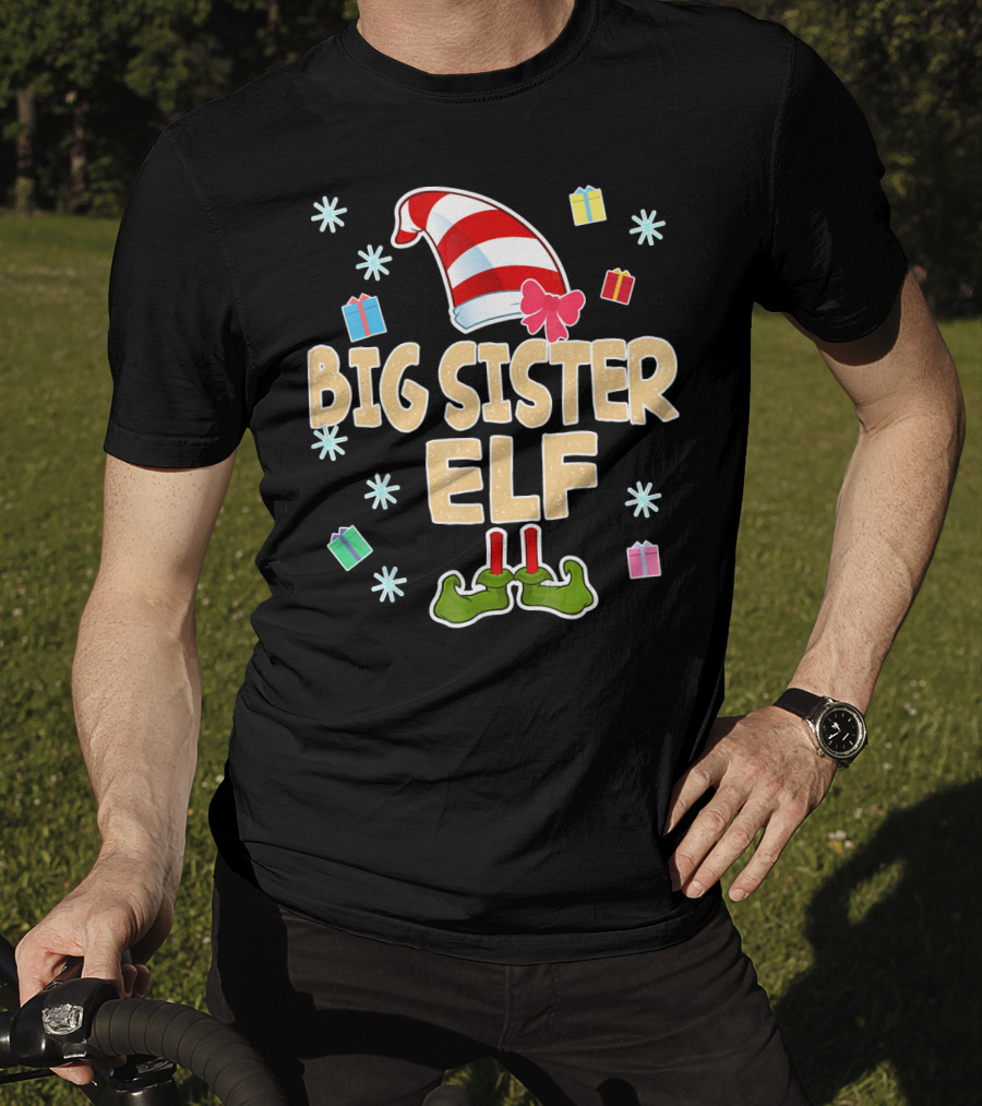 Big Sister Elf With Striped Hat And Gifts T-Shirt