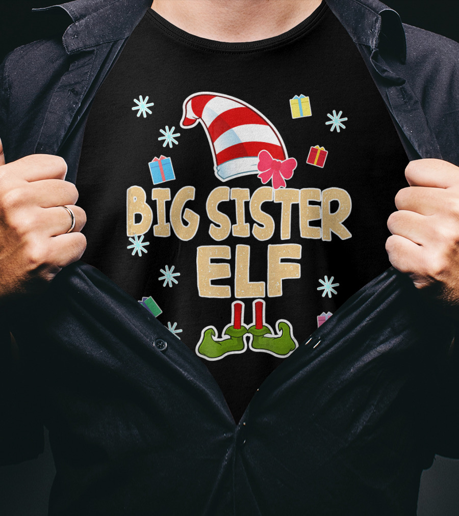 Big Sister Elf With Striped Hat And Gifts T-Shirt