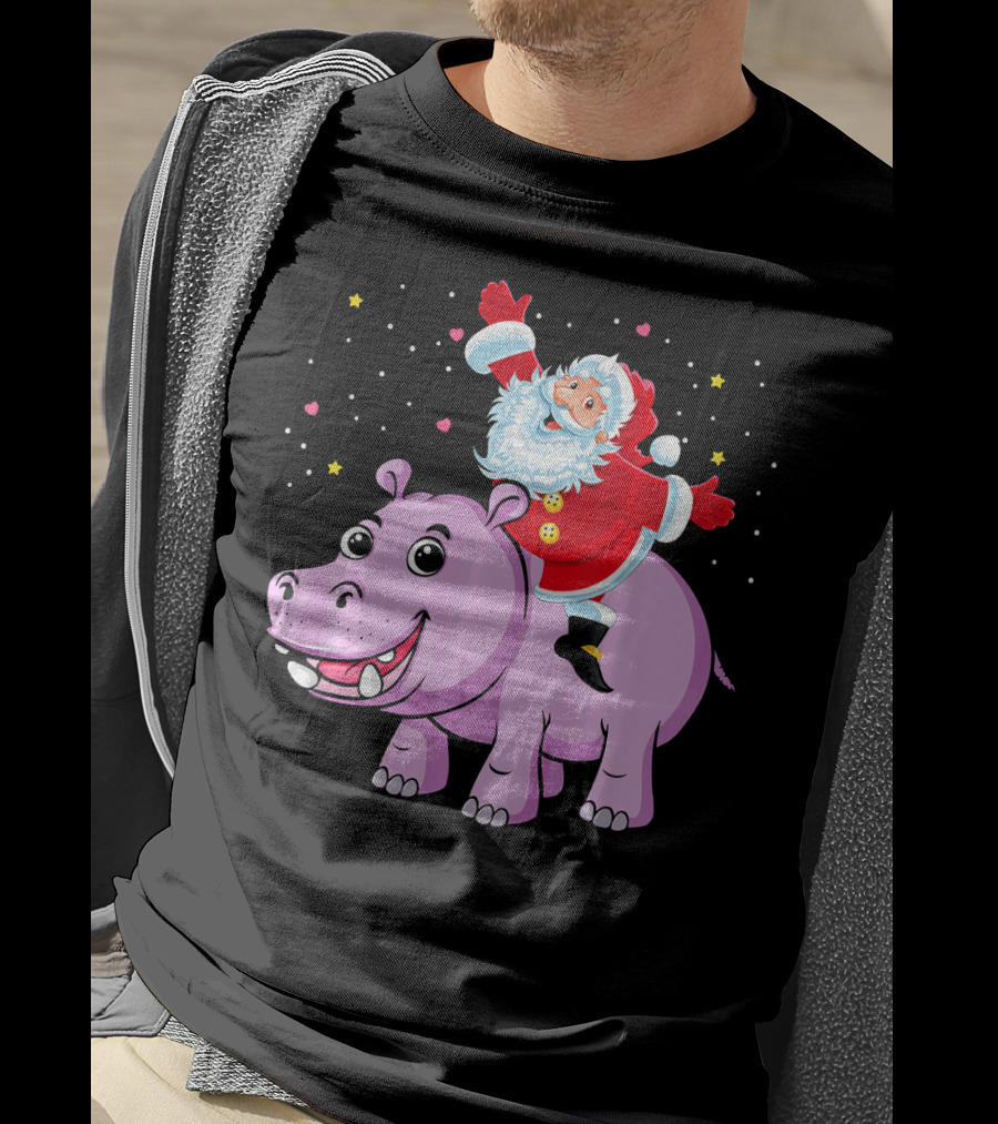 Santa Claus Riding A Happy Hippo Merry Christmas Stars T-Shirt