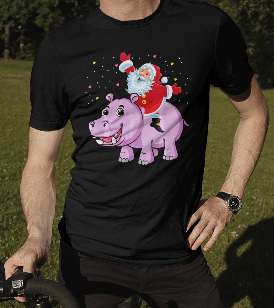Santa Claus Riding A Happy Hippo Merry Christmas Stars T-Shirt