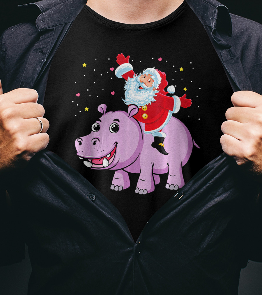 Santa Claus Riding A Happy Hippo Merry Christmas Stars T-Shirt