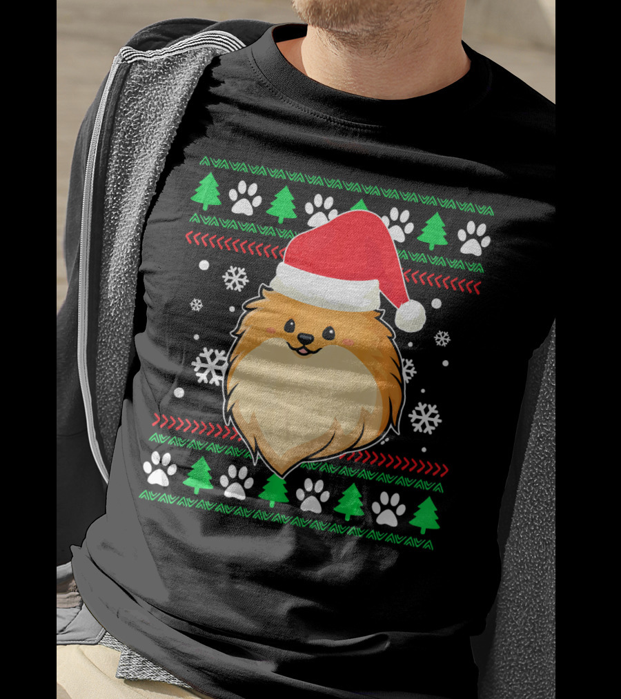 Pomeranian Santa Hat Ugly Christmas Sweater Snowflakes Trees Paws T-Shirt